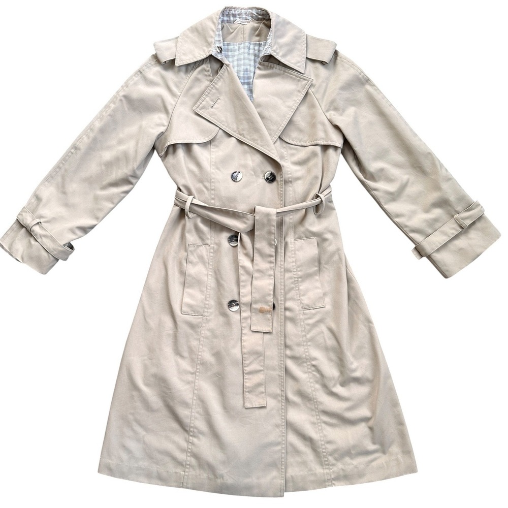 Vintage Double Breasted Trench Coat Women 9/10 Tan Belted Plaid Lining Good